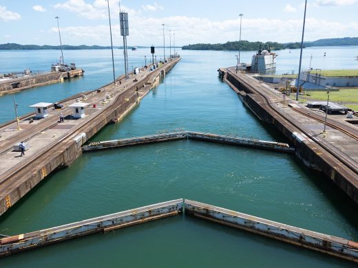 panama canal, locks, canal, panama, ship, travel, vessel, sky, channel, trade, cargo, nature, maritime, cruise, freight, reflection, boat, transportation, nautical, horizon, gatun, trip, vacation, sailing, landscape, ocean