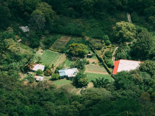 Aerial photograph showcasing the lush greenery and farmlands in El Valle de Antón, Panama.